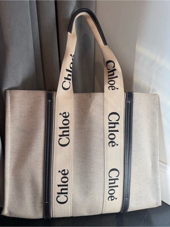 Chloe Handbags - Chloé Beige Canvas Tote with Black Leather Logo Patch